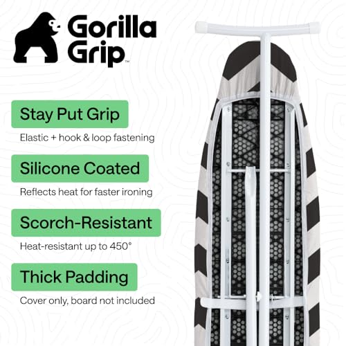 Image of Gorilla Grip Reflective Silicone Ironing Board Cover, 15x54, Fits Large and Standard Boards, Pads Resist Scorching and Staining, Elastic Edge, Thick Padding, No Fasteners Needed, Chevron Black Linen