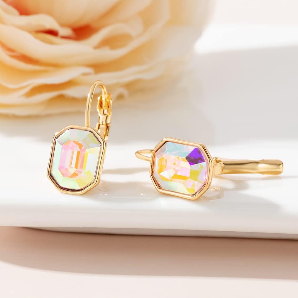 Austrian Crystal Octagon Leverback Drop Earrings for Women 14K Rose Gold Plated Hypoallergenic Jewelry - Image 5