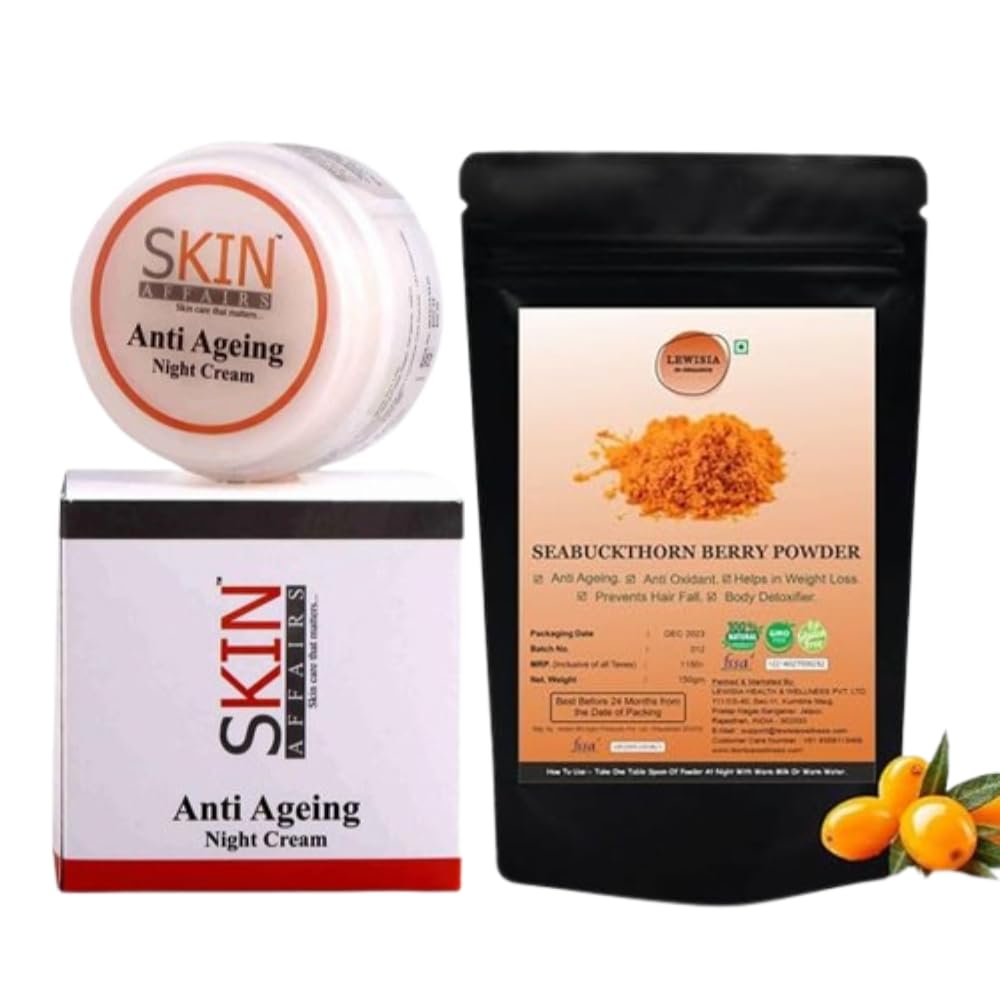 Skin Affairs Anti Ageing Kit | Sea Buckthorn Berry Powder and Anti Ageing Night Cream | Collagen Boost, Wrinkle Repair and...