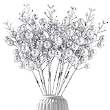 14Pcs Christmas Glitter Berries Stems Silver Christmas Tree Picks Stems 7.8 Inch Artificial Picks Fake Holly Winter Berry Branches for Christmas Tree Ornament DIY Crafts Wreath Holiday and Home Decor