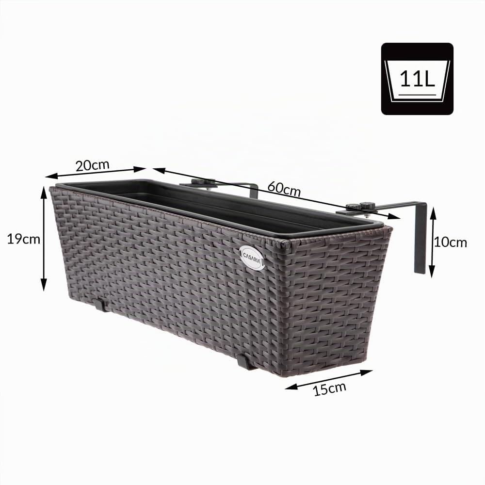 CASARIA 2X Maceteros de Balcón Marrón 60x20x19 11L Incl. Soporte Maceta de Plástico Colgante Terraza