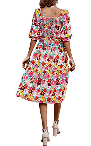 Prettygarden Women'S Summer Casual Midi Dress 2024 Spring Puff Sleeve Square Neck A-Line Flowy Boho Floral Smocked Dresses thumb #2