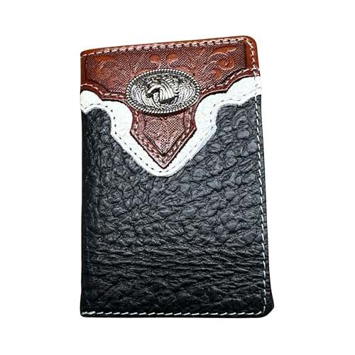 Leather Tri Fold Wallet Horse Concho Tooled Cowboy Floral Embossed Leather Rodeo Wallet Cowboy Style Hand Crafted High End Mens Wallets Leather Gifts For Men (Black)