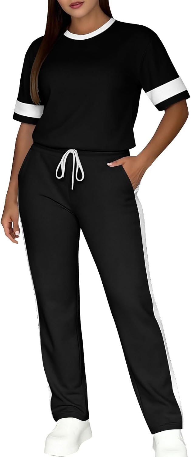 2 Piece Lounge Sets for Women Summer Vacation Outfits Crew Neck Short Sleeve Tops Straight Leg Pants Set with Pocket
