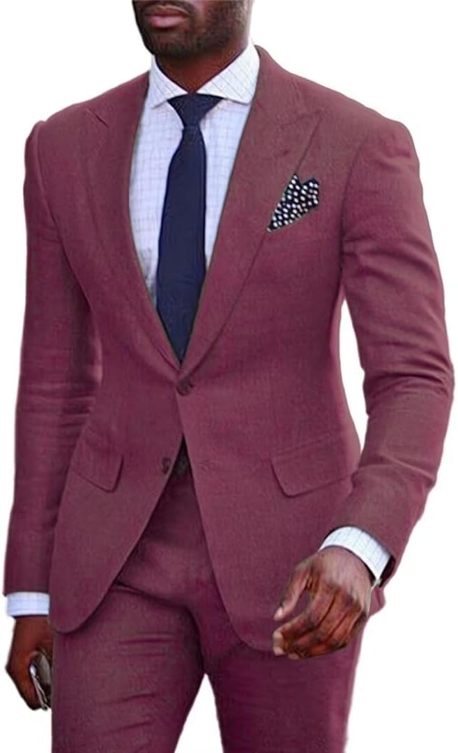 Mens Linen Suit for Summer Beach Wedding 2 Piece Linen Suit for Men Slim Fit Casual Groomsmen Prom Party Suit Set
