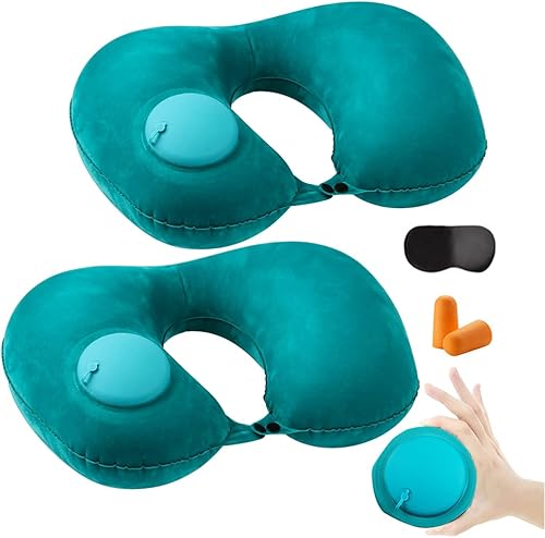 2 almohadas inflables de viaje, almohada inflable ajustable para el cuello, almohada inflable portátil en forma de U con máscara de ojos, tapón para