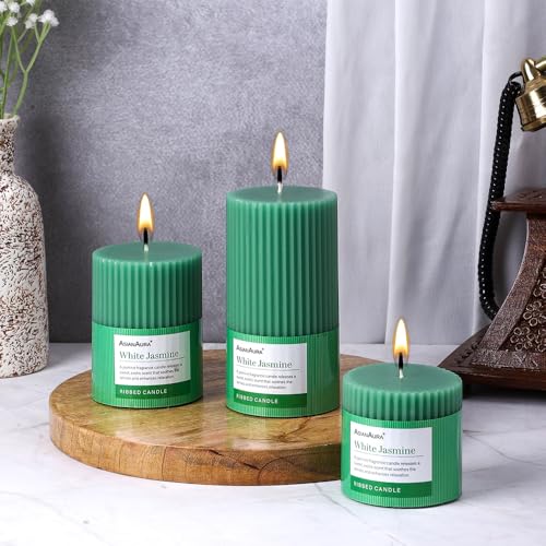 Image of ASIAN AURA Ribbed Pillar Candles - Pack of 3 | Scented Candles for Home Decor, Gifting & Festive Use | Long Burn time up to 36hrs | Clean-Burning Wax & Smokeless Flame (White Jasmine)