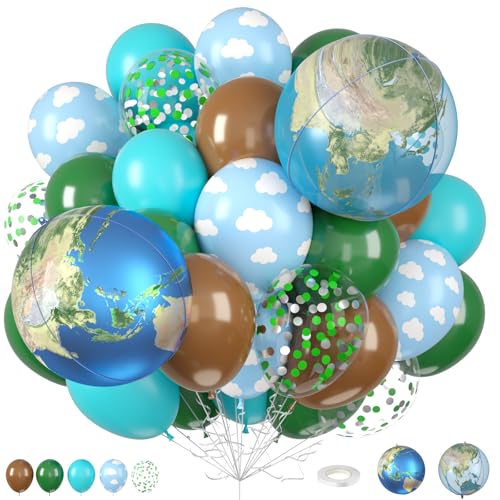 Earth Balloons, 12 Inch Green Brown Blue Cloud Print Balloons with 22 Inch Globe 4D Foil Balloon Dark Green Silver Confetti Latex Balloon for Kids Birthday Travel Adventure Theme Earth Day Party Decor