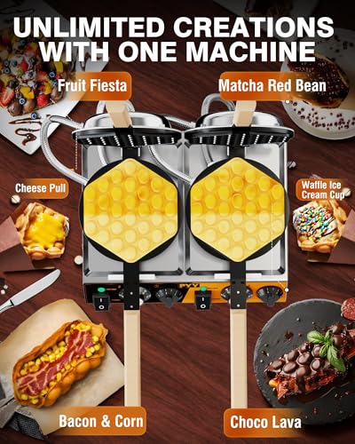 Image of PYY Bubble Waffle Maker - Commercial Hong Kong Egg Waffle Maker, Double Head, 180 Rotate, Non-Stick Plate, 50-250℃ Adjustable Temp, 0-5Min Timer, Bubble Waffle Machine for Commercial Use, 3100W