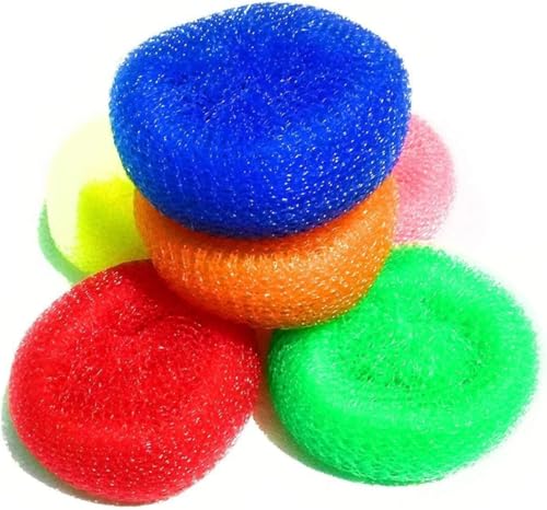 Image of 6Pcs Random Color Plastic Cleaning Ball Dish Cleaner Brush,Non Scratch Round Dish Scrubbers,Nylon Scouring Pads,Mesh Scourers Poly Mesh Scouring Dish Pads Cleaning Supplies for Dishes,Dishwashing