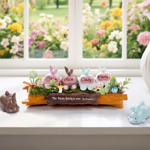 CALLIE Personalized Family Bunny Easter Table Decorations, 2-10 Cute Rabbit Resin Figurines with Names and Tree Stump Base, Custom Spring Signs Home Desk Decor, Easter Farmhouse Gift for Family Friend