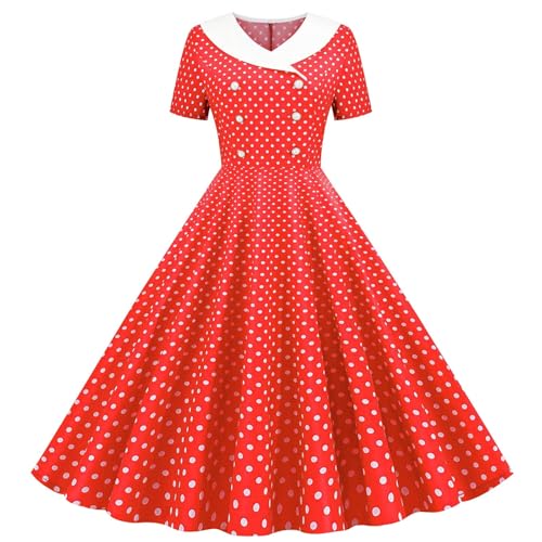 duxyoz Girls Dress Summer Vintage 1950s Rockabilly Swing Dress Retro Hepburn Style Pinup Skater A-Line Dresses Short Sleeve Double-Breasted Polka Dots Evening Party Prom Dresses Ball Gown 11-12 Years