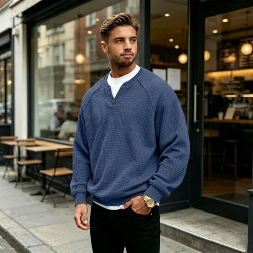 Waffle Knit Long Sleeve Men,V Neck Pullover Sweaters(Blue,Xx-Large) - image 7