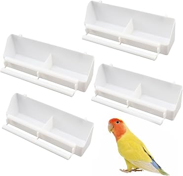 Lezevn 4 Pieces Bird Cage Feeder White Plastic Bird Food Bowl Hanging Parrot Water Food Feeding Bowls with Compartment Standing Rods Bird Food Dispensers for Small Birds Canary Sparrow