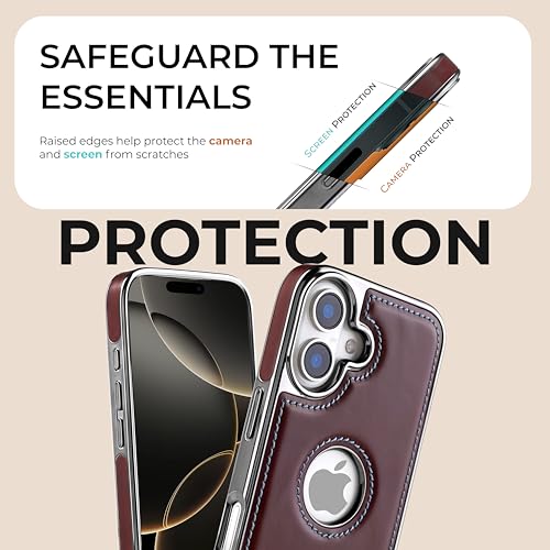 Image of PULOKA Chrome Leather Back Case - Compatible with iPhone 16 - Luxury Bumper Case - Flexible Vegan Leather - Electroplated Sides & Logocut - Full Camera Protetection & Raised Edges - Brown
