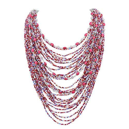 Bocar Multi-Layer Long Chain Chunky Bib Seed Beads Statement Necklace (NK-10410-fuchsia red) Bocar Multi-Layer Long Chain Chunky Bib Seed Beads Statement Necklace (NK-10410-fuchsia red)