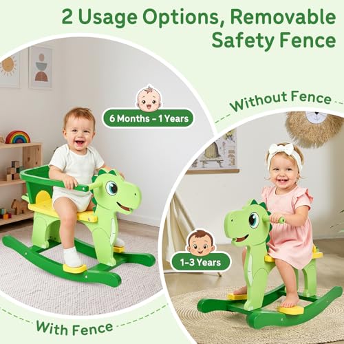 Image of FUNLIO Wooden Dinosaur Baby Rocking Horse Ages 0.5-3, Cute Baby Rocking Horse with Removable Fence & Backrest, Easy to Assemble Toddler Wooden Rocking Horse, CPC & CE Certified - Green