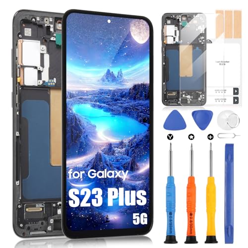 OLED para Samsung Galaxy S23+ 5G LCD Pantalla para Galaxy S23 Plus 5G SM-S916B SM-S916B/DS SM-S916U LCD Touch Screen Assembly con kit de reparación (negro con marco, soporte para huellas dactilares,