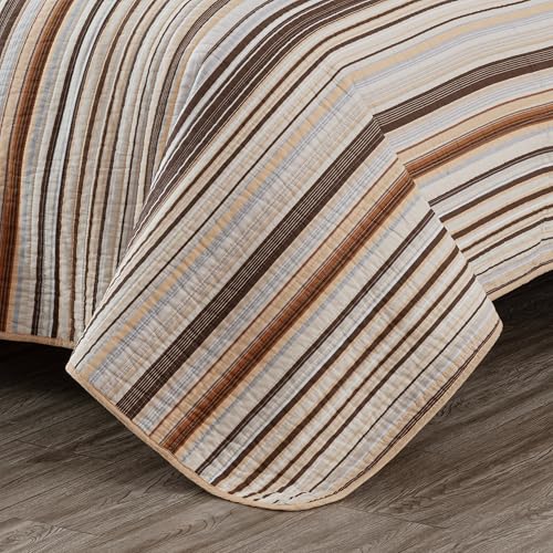 Image of Chezmoi Collection Avery Striped Cotton Quilt Set Queen Size, 3-Piece Soft Pre-Washed 100% Cotton Quilt, Multi-Color Brown