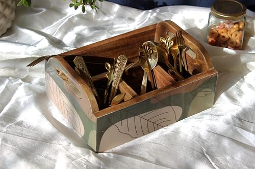 Image of Monstera Hut Abstract Aura Mangowood Cutlery Caddy | Wooden Cutlery Stand Storage Organiser|Cutlery Spoon Stand For Dining Table Chammach Stand|Multipurpose Cutlery Holder |Size23x17x10 cm