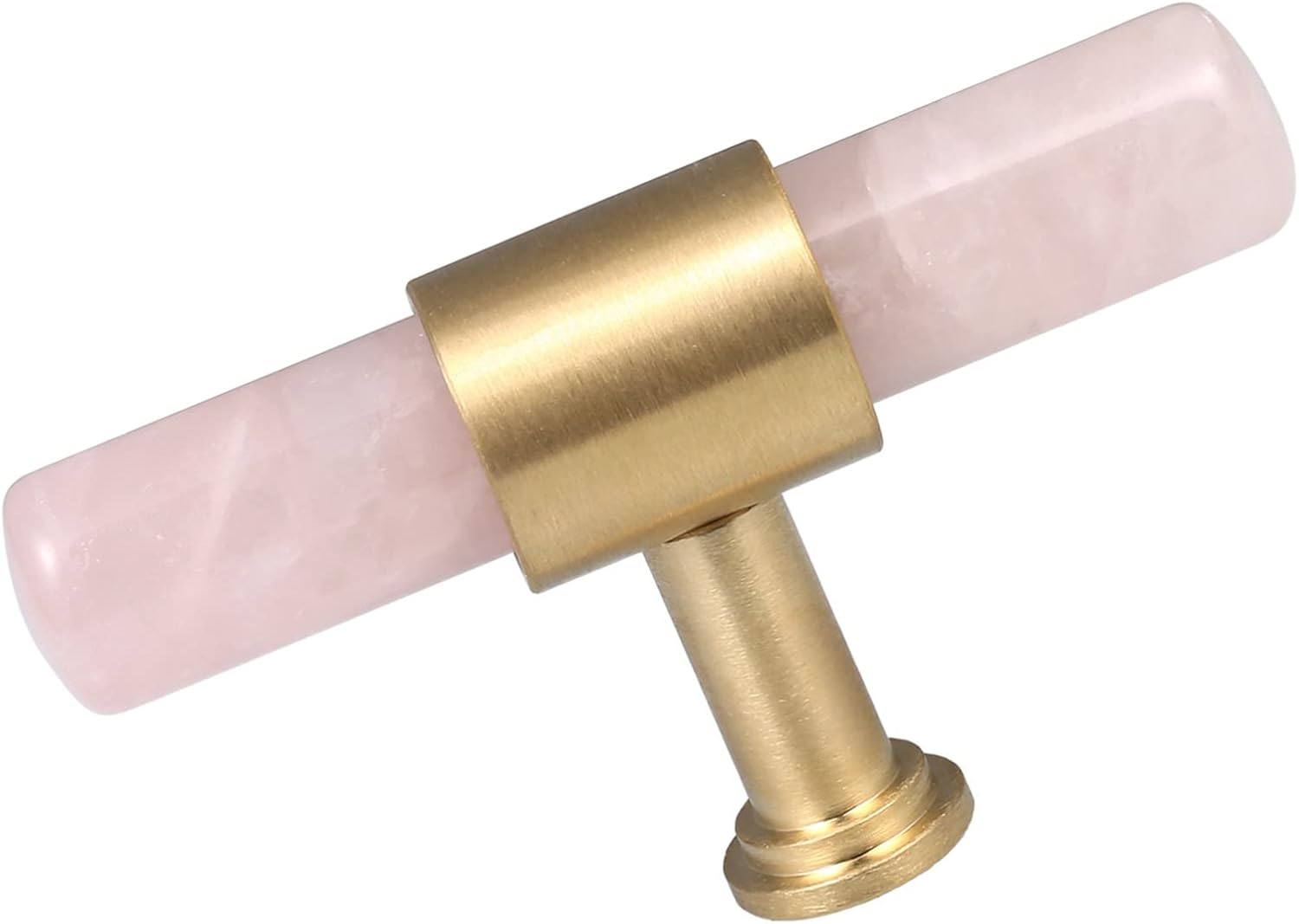 Amogeeli 2pcs Healing Crystal T Bar Cabinet Knobs Set with Screws, Decorative Brushed Brass Stone Drawer Pull Handles Knobs for Closet Dresser Cupboard Kitchen, Rose Quartz