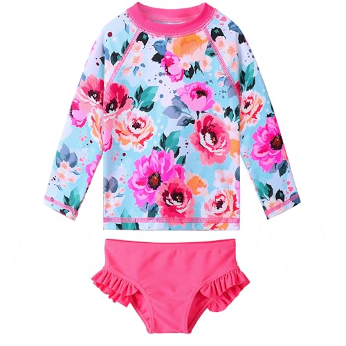 Image of XFGIRLS Girls 2-Piece Swimsuit Long Sleeve Rash Guard Set Toddler 6M-8Y | UPF 50+ blocks 98% UV, Quick-dry, Easy on /off, Bright colors stand out, Machine wash, Breathable, Beach, swim, water park
