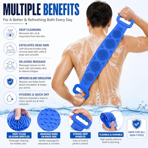 Image of HINOX Silicone Body Back Scrubber Belt for Bath | Soft Exfoliating Silicone Bath Belt for Back Cleaning & Shower Use | Waterproof Reusable Body Scrubber Strap | Flexible Bath Scrubber | Multicolor (1 Piece)