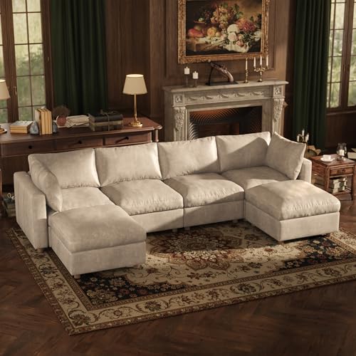 Image of 128'' Faux Leather Modular Sectional Sofa with Storage, Oversized Mid Century Modern Leather Sectional Couche for Living Room, 4 Seater Deep Seat Couch with 2 Storage Ottoman, U-Shaped, Beige