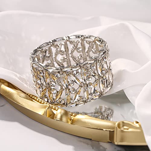 Brilove Wedding Bridal Marquise Rhinestones Cluster Stretch Bangle Bracelet For Bride Clear Silver-Tone #TOP2
