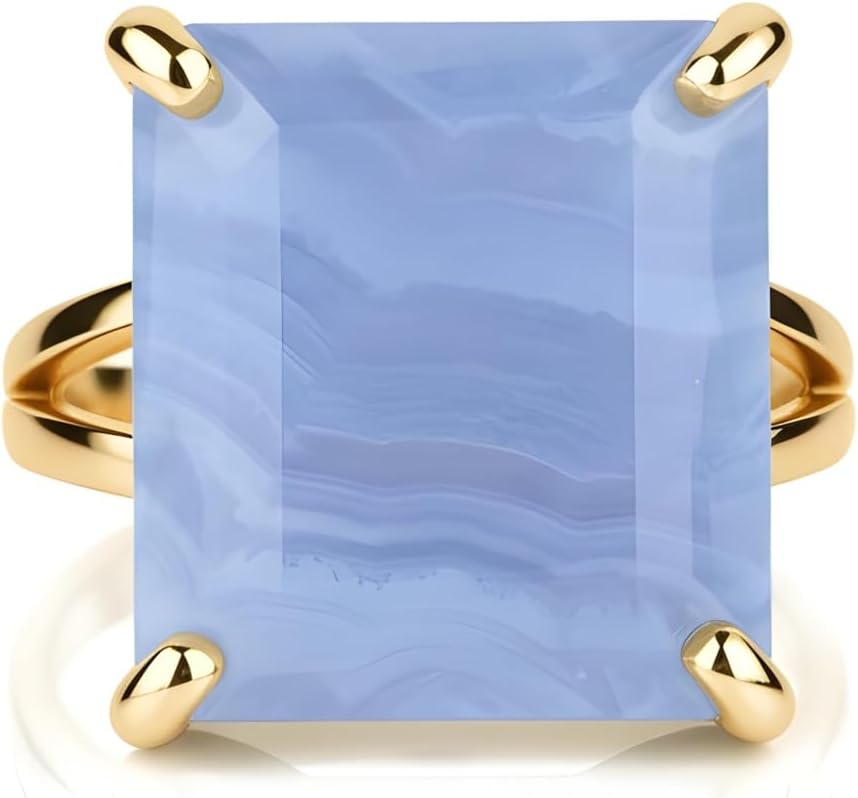 Blue Lace Agate Ring - Square Cut 14K Gold Gemstone - Handmade Statement Jewelry - BFF Gift Large Stone Ring