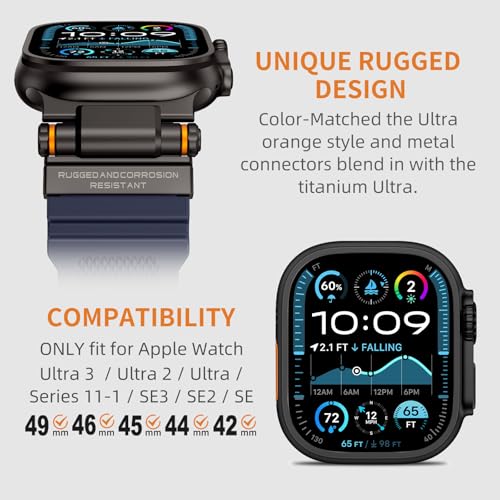 Image of FOAMUNOC Rugged Band Compatible with Apple Watch Ultra 3 /2 /1 Band 49mm /46mm /45mm /44mm /42mm, Metal Connector with Strap for iWatch Ultra Series 11 /10 /9 /8 /7 /6 /SE3 /SE2 /SE /5 /4 /3 /2 /1, Navy Blue /Black