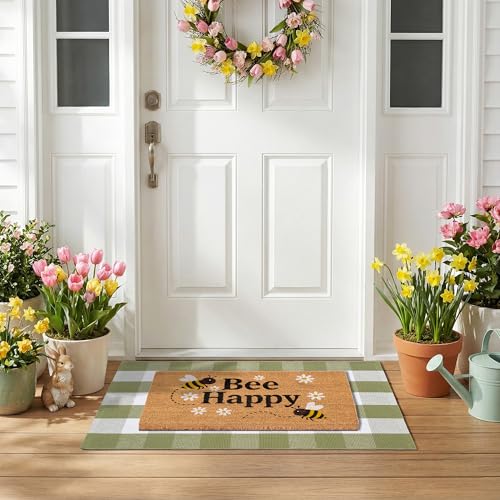 Bee Happy Layered Doormat Set, Spring Door Mat with Printed Coir Welcome Mat and Plaid Layering Rug, Farmhouse Front Door Entryway Decorative Porch Mat (Green, 2'4" x 3'7")