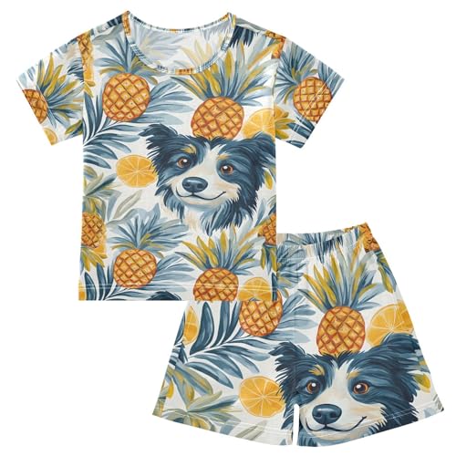 ALAZA Puppy Dog Avocado Pineapple Pajamas Set Short Sleeve Cotton Sleepwear Summer Pjs 2 Piece 5-14Y