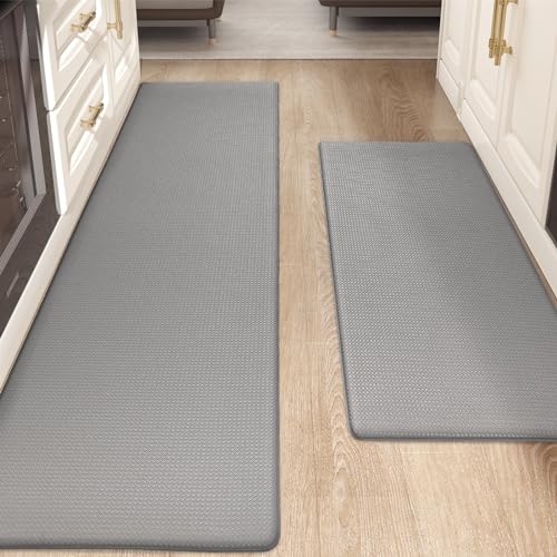 Color&Geometry Kitchen Rugs, Kitchen Rug Set 2 Piece Kitchen Runner Rug Kitchen Floor Mat, Cushioned Anti Fatigue Kitchen Mat Non Skid Waterproof Comfort Standing Kitchen Rug, 17″x29″+17″x59″, Grey