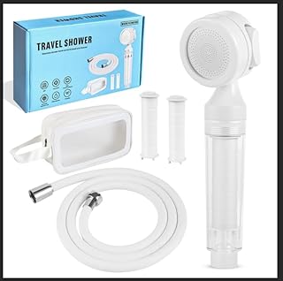Portable Filtered Travel Shower Head Kit Multiple Spray Modes Shower Head for Travel Camping and Hotel Use with One silicone shower hose Two filter and Waterproof Pouch
