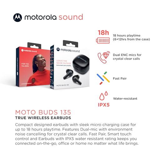 Image of Motorola Moto Buds 135 - True Wireless ENC Bluetooth Earbuds with Fast Pair & Micro-Charging Case - IPX5 Water-Resistant, Lightweight Comfort-Fit, Clear Sound - Black