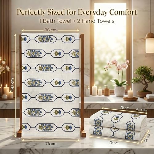 Image of Mafatlal Madhuban Cotton Towel Set (1 Bath 147x76 cm + 2 Hand 76x38 cm) | 250 GSM | Lightweight, Quick Dry & Hand Printed | Biscay Bay Color