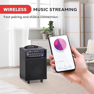 Wireless Portable PA Speaker System - 400W Bluetooth Compatible Rechargeable Battery Powered Outdoor Sound Stereo Speaker Microphone Set w/Handle, Wheels - 1/4 to AUX, RCA Cable - Pyle PWMA230BT