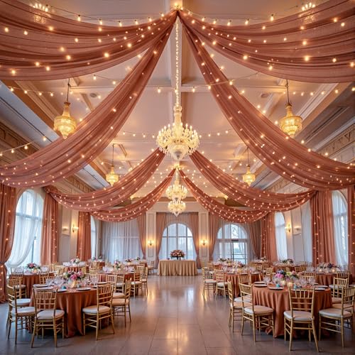 6 Panels Caramel Ceiling Drapes with Lights for Weddings Ceiling Drapes 5ftx20ft Wedding Draping Fabric Sheer Curtains Tulle Drapery Wedding Decorations for Home Party Ceremony Stage Swag