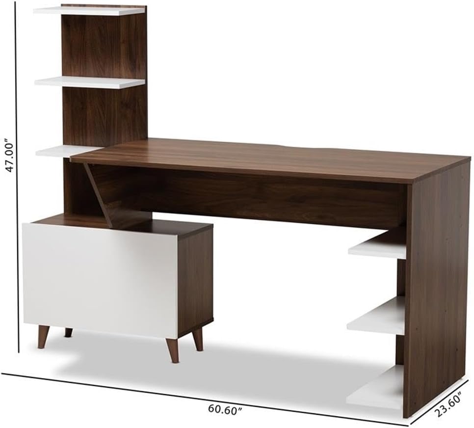 BOWERY HILL Storage Computer Desk, 60.6" Wide Wood Construction, White and Walnut Brown Finish, 6 Shelves with Enclosed Compartment, Mid-Century Style for Home Office or Workspace