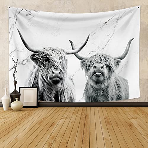Farmhouse Highland Cow Tapestry Wall Hanging Gray Marble Tapestry Western Wildlife Cattle Bull Tapestry Farm Animal Tapestry For Kids Funny Tapestries For Bedroom Living Room, 60X40 Inch #TOP2