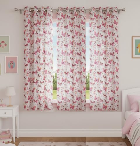 Image of 3D Butterfly Pattern Curtain for Kids Room Curtain 5 feet Set 3 pcs Girls Room Curtain Panel for Play School, Playway Light Filtering Window Panel, 4x5 ft Window Curtain, Pink