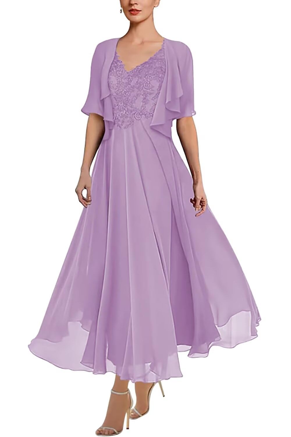 Lace Applique 2 Pcs Mother of The Bride Dresses with Jacket 1 2 Sleeve Chiffon Wedding Guest Dress