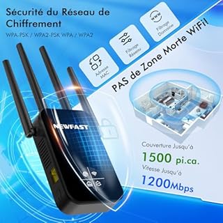 NEWFAST AC1200 Répéteur WiFi RE523, Double Bande Amplificateur WiFi Puissant,5GHz & 2.4GHz WiFi Extender avec WPS,Repetiteur WiFi Extender Compatible avec Toutes Les Box Internet, 4 Antennes