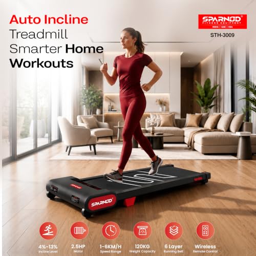 Image of Sparnod Fitness STH-3009 Auto Incline Walking Pad Treadmill for Home Use, 2.5 HP Motor, Speed Range 1-6 km /h, 13% Auto Incline, Remote Control, Shock Absorption System, Max User Weight 120 Kg