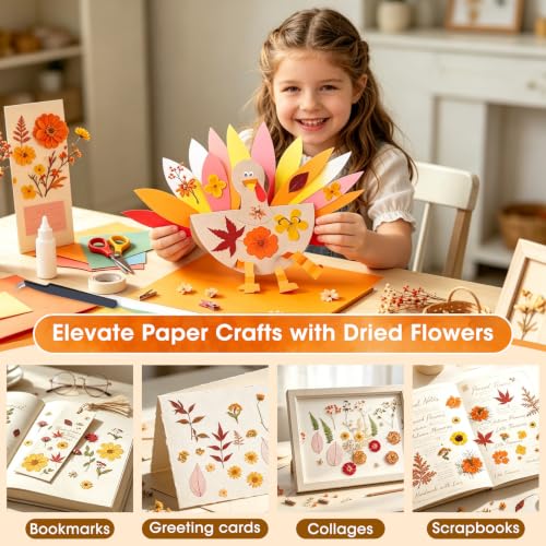 Image of 170 PCS Fall Dried Pressed Flowers with Tweezers, Real Nature Dried Flowers Orange Autumn Pressed Florals Set for Resin Scrapbooking Vase Candle Making Card Scrapbook Craft Floral Decors