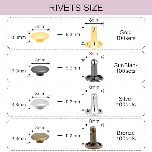 image for CooBigo 400Sets Assorted 8mm Double Cap Rivet, Leather Rivets Kit Tubu