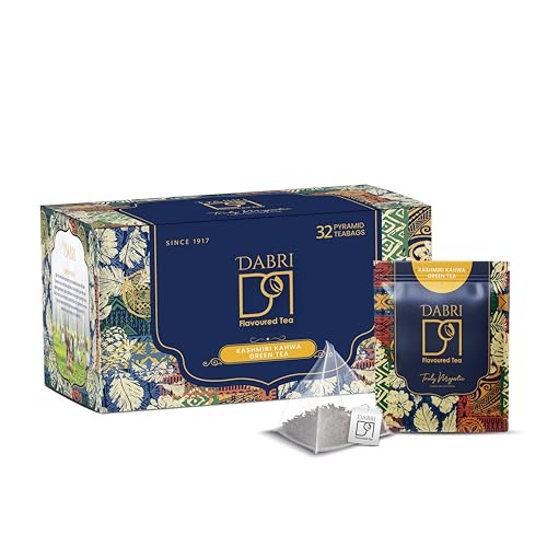 Image of Dabri Kashmiri Kahwa Green Tea 32 Pyramid Dip Tea Bags|Natural Ingredients & Original Flavour of kesar|Blended with Saffron, Almonds, Spices|Fastens Metabolism, Improves Digestion & Blood Circulation