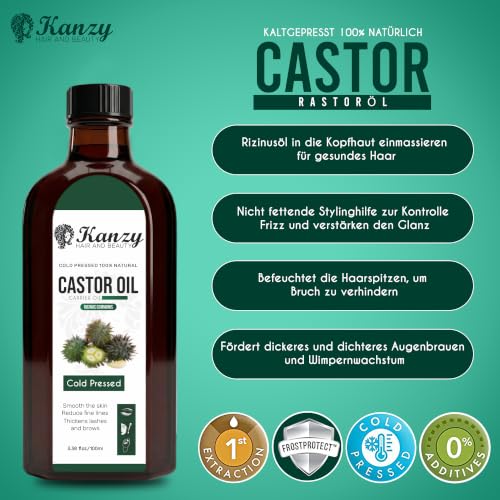Kanzy Rizinusöl Kaltgepresst 100ml, Castor Oil for Hair Growth Natürlich Rizinus Öl für Körper, Haare, Nägel, Wimpern, Augenbrauen – Ansicht 6