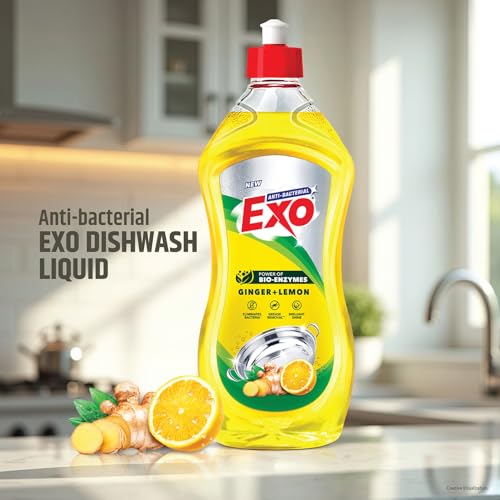 Image of Exo Dishwash Liquid Bottle | Ginger & Lemon | Tough Grease Removal for Utensils | Anti-Bacterial Dishwashing Liquid | Bio-Enzyme Liquid Dishwash | No Residue Cleaning | Fresh Citrus Fragrance - 750ml